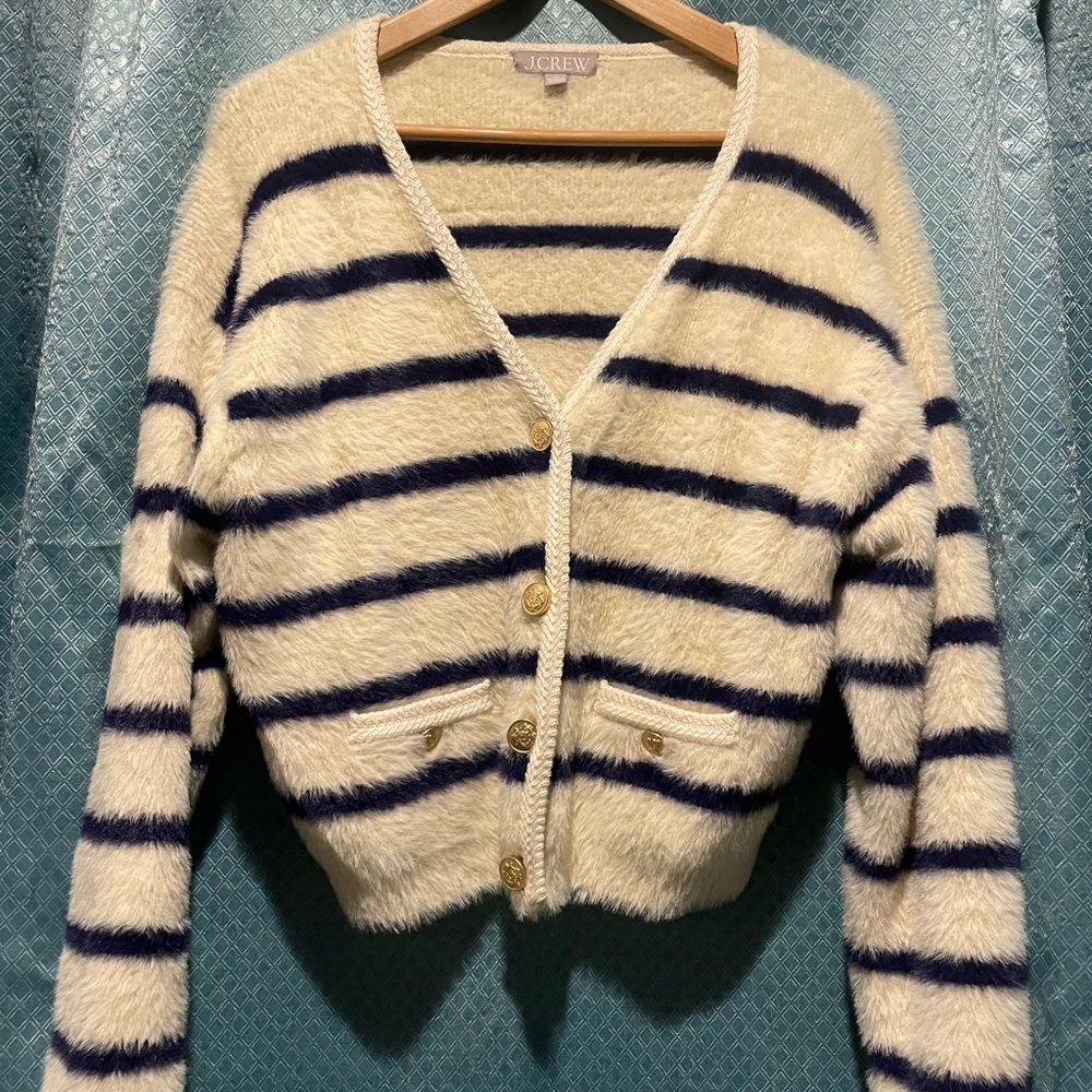 J. Crew Cream and Navy Striped Fuzzy Cardigan
